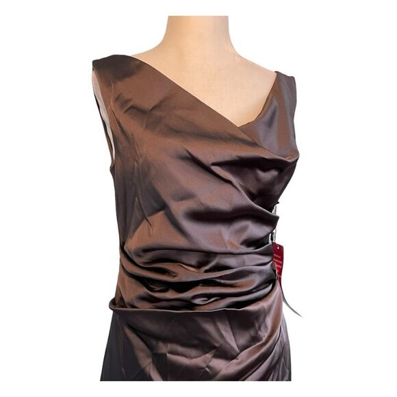 Adrianna Papell Ruched Draped Satin Column Evening Gown Taupe 4 - Picture 4 of 13